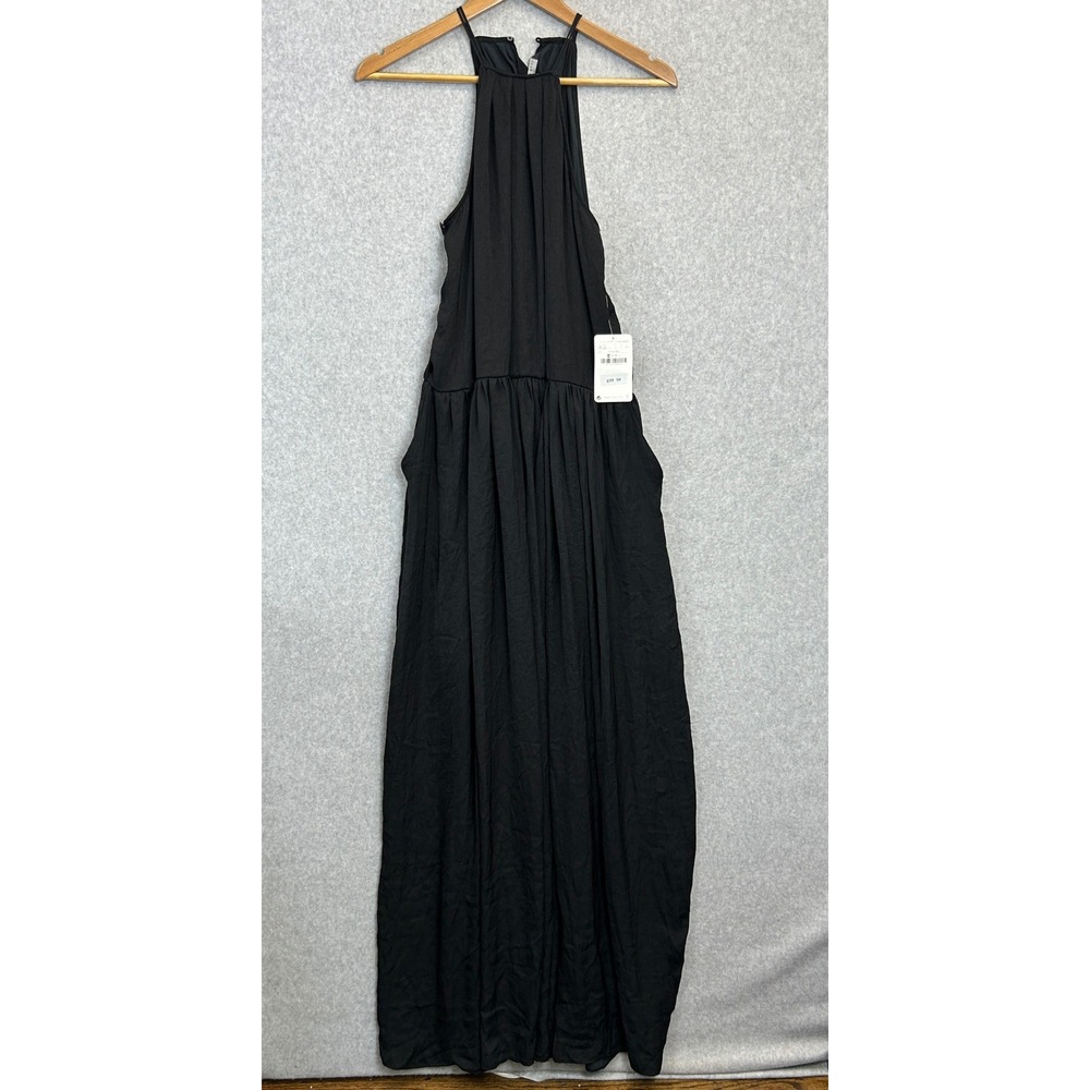 Zara Basic Maxi Dress Black Halter Lace Trim Pleated Minimalist Boho Size XS NWT